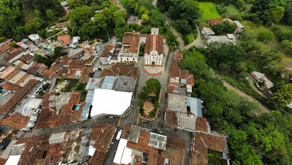 Liborina, Antioquia - Colombia. November 15, 2023. Aerial panoramic with drone of the municipality, Founded on March 7, 1832