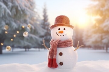 Christmas winter smiling happy snowman frosty snow new year celebration holiday cute decoration greeting december eve face funny white snowball with scarf hat carrot xmas festivity shiny flakes smile