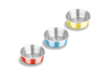 Blank colored metallic dog bowl mockup, side view,