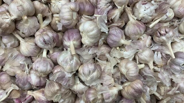 Video of garlic bunch at a local market. Food concept.