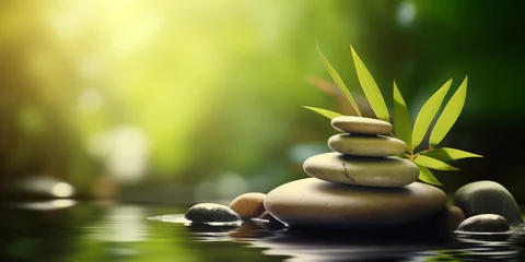 Fotobehang Zen stones and water in a peaceful green garden, relaxation time, wellness and harmony, massage and bodycare, spa and wellness concept © mozZz