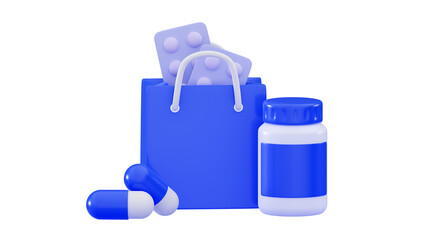 3d shopping bag and jars for pills, capsules, vitamins Order medicines online concept