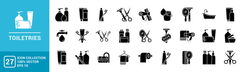 Collection of toiletries icon, toothbrush, toothpaste, shampoo, conditioner, cream, editable and resizable EPS 10