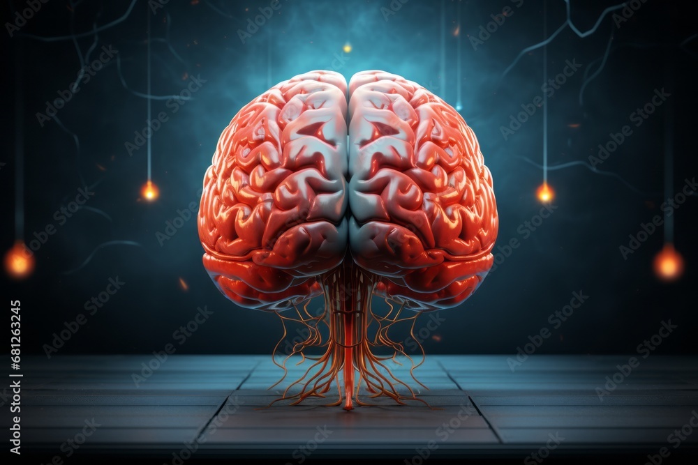 Poster virtual creative image of artificial intelligence with a sketch of the human brain