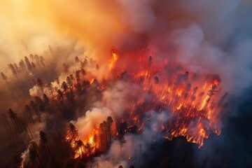 Aerial View of a Raging Wildfire Engulfing a Forest, Capturing the Power and Ferocity of Mother Nature's Force