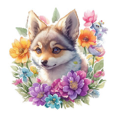 Sticker of cute wolf cub surrounded by flowers. Watercolor illustration on transparent background. Png. Adorable cartoon animal. For print, textile, sticker pack element, children's book design