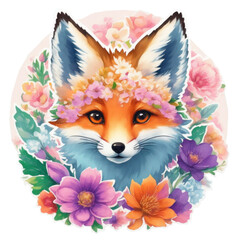 Sticker of cute fox surrounded by flowers. Watercolor illustration on transparent background. Png. Adorable cartoon animal. For print, textile, sticker pack element, children's book design