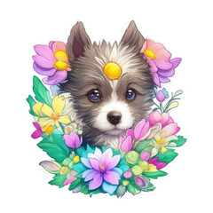 Sticker of cute wolf cub surrounded by flowers. Watercolor illustration on a transparent background. Png. Adorable cartoon animal. For print, textile, sticker pack element, children's book design