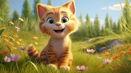 Obraz premium Adorable Cartoon Cat Character Render for Kids in Bright Colors