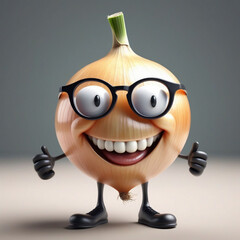 A realistic vetor art  design of a smiley onion wearing cycle glasses saying, text, " I can make you cry ", illustration, typography, 3d render