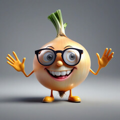 A realistic vetor art  design of a smiley onion wearing cycle glasses saying, text, " I can make you cry ", illustration, typography, 3d render