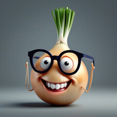 A realistic vetor art  design of a smiley onion wearing cycle glasses saying, text, " I can make you cry ", illustration, typography, 3d render