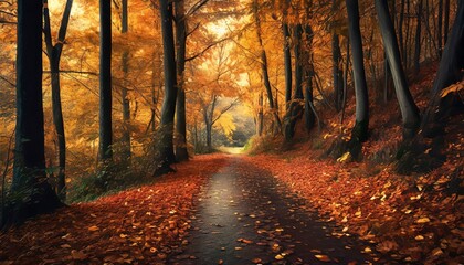 Naklejka na ściany i meble Autumn forest road in november leaves fall ground landscape on autumn background 