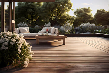 a wooden deck with patio furniture - obrazy, fototapety, plakaty