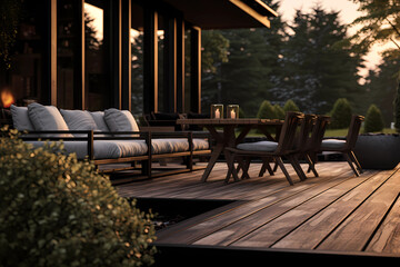 Fototapeta na wymiar a wooden deck with patio furniture