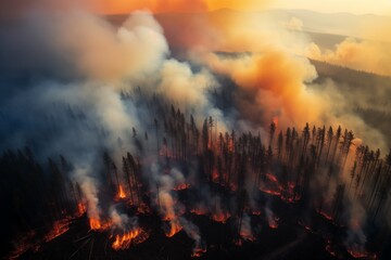 Fototapeta na wymiar Breathtaking Aerial View of Wildfire Engulfing Lush Forest in California: A Fierce Uncontrolled Forest Fire Photo