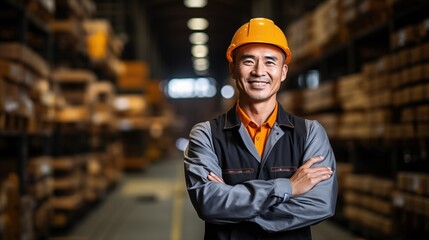 Portrait of an Asian male engineer worker or industrial maintenance worker enjoying work in a factory.