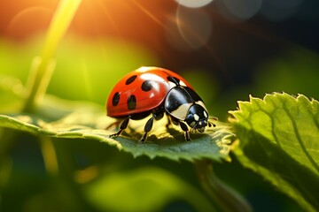 Fototapeta premium Closeup Macro Photography of a Ladybug Basking in Sunlight on a Vibrant Green Leaf, Embodying the Heart of Nature