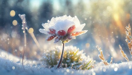Winter Christmas background. Winter atmospheric landscape with frost-covered dry plants during snowfall.