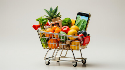 shopping cart with vegetables. Online grocery shopping app on smartphone, elegant balance, white background