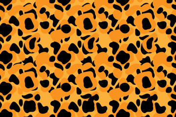 Orange and black bright colors , contrast animalistic abstract spots. Trendy, stylish, fashionable seamless vector pattern for design and decoration.
