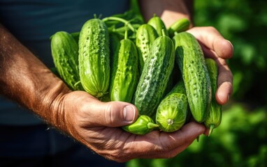 Farmers hand holding a freshly harvested cucumbers