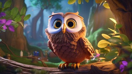 Adorable Brightly Colored Cartoon Owl Character Render for Kids