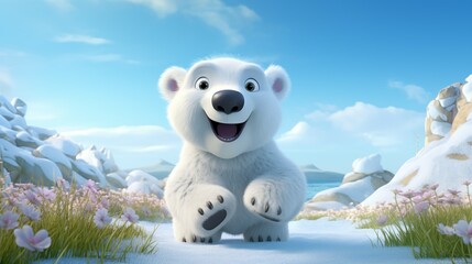 Adorable Polar Bear Cartoon Character Render for Kids, Bursting with Delight and Brightness - obrazy, fototapety, plakaty