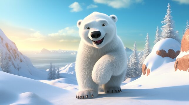 Engaging Polar Bear Cartoon Character Render, A Charming Illustration for Kids, Delightful Arctic White.