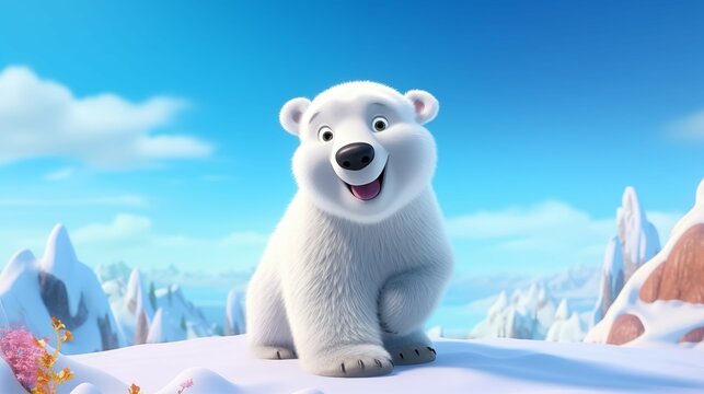 Delightful Cartoon Character Illustration for Kids: Adorable Polar Bear in Brightly Rendered Arctic Setting