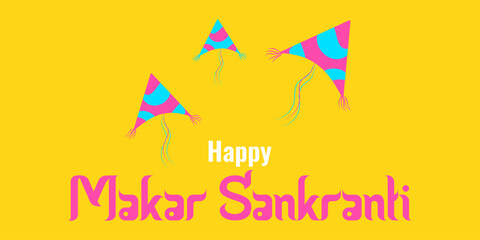 Makara Sankranti sunny holiday of India. Colored kites on a yellow background. Concept holiday. Poster, leaflet, website design Vector illustration.