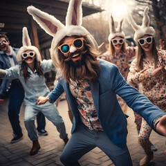 Music, crazy Easter party, playing dance music. Fun youthful atmosphere in the club. Rabbit ears.

