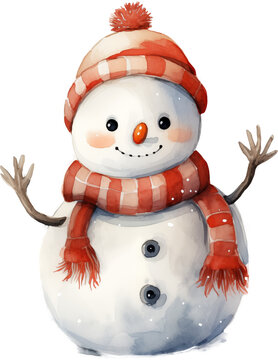 Happy Christmas snowman, watercolor, cute snowman with wainter red hat