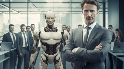 Fototapeta na wymiar Robot et manager au milieu du bureau, collaborateurs d'entreprises et IA