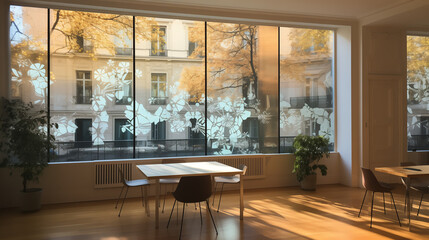 Photo d'un grand bureau vide à Paris, espace de travail en entreprise avec baie vitrée