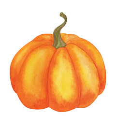 Orange pumpkin clipart. Thanksgiving Day or harvest festival. Hand drawn watercolor illustration isolated on white background. Design element for postcard, poster, fabric