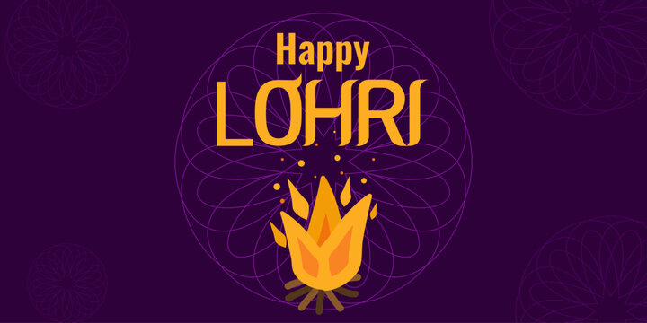 Lohri festival Punjabi fiery harvest in India. Bonfire on a dark background with patterns. Template background poster, flyer. Holiday concept. Vector illustration.