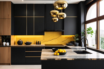 A luxurious kitchen design designed with the harmony of yellow and black