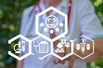 Doctor using virtual touchscreen gives rating by clicks button: five stars with smile face. Patient...
