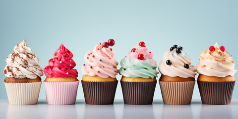 Cupcake muffin with icing frosting on transparent background cutout. PNG file. Many assorted different flavour. Mockup template for artwork design - obrazy, fototapety, plakaty