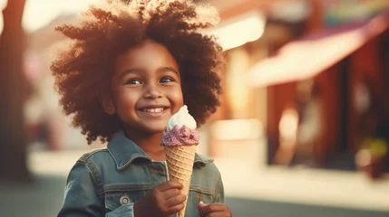 Foto auf Alu-Dibond Child smiling and with an ice cream cone in hand. Generative AI © Deivison