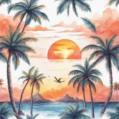 Fototapeta na wymiar Tropical Sunset tshirt design, 4k, creative, ultra detailed, white background ,Pacific style, painting