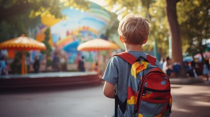 Back view of child with colorful school backpack, going to school, bokeh background. Generative AI