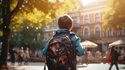 Obraz premium Back view of child with colorful school backpack, going to school, bokeh background. Generative AI