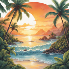 Tropical Sunset tshirt design, 4k, creative, ultra detailed, white background ,Pacific style, painting