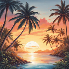 Fototapeta na wymiar Tropical Sunset tshirt design, 4k, creative, ultra detailed, white background ,Pacific style, painting