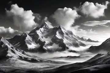 A black and white image of a snow-covered mountain in foggy weather - Powered by Adobe
