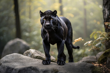 Naklejka na ściany i meble A wild black puma standing on a stone in the forest