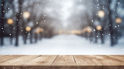 Empty table in beautiful winter landscape, wood plank board in snow mountain outdoor comeliness - obrazy, fototapety, plakaty