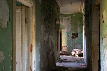 abandoned interior, corridor in a creepy place, abandoned sanatorium